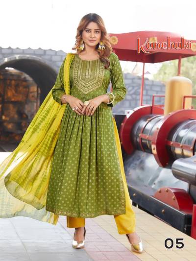 KANCHUKI BY MAHEK KURTIS TWO TONE SLUB GOLD PRINT SALWAR KAMEEZ  WHOLESALER IN SURAT